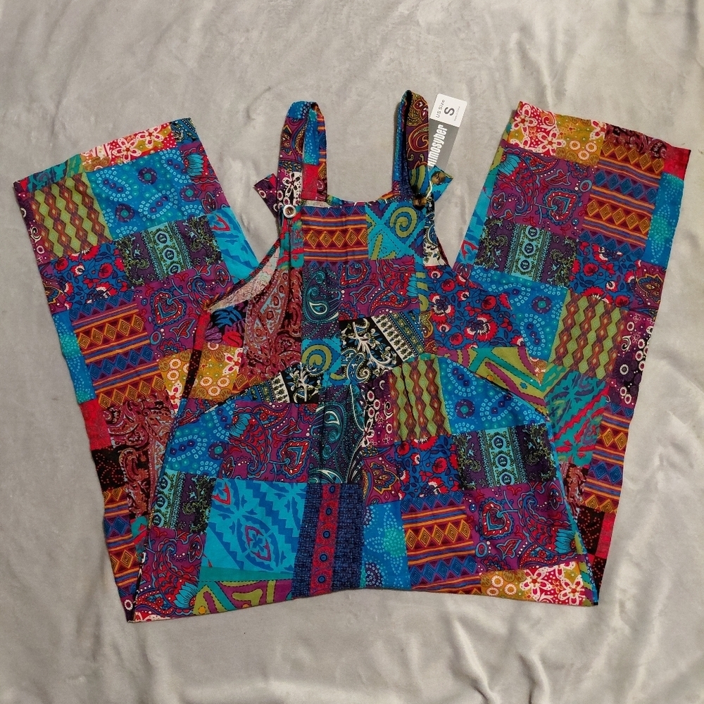 Hippie Women's Patchwork Loose Bohemian Wide Leg Bib Overall Size Small NWT